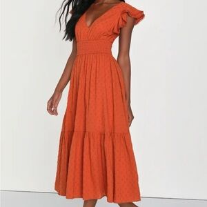 Lulus Rust Orange Swiss Dot Smocked Backless Midi Dress